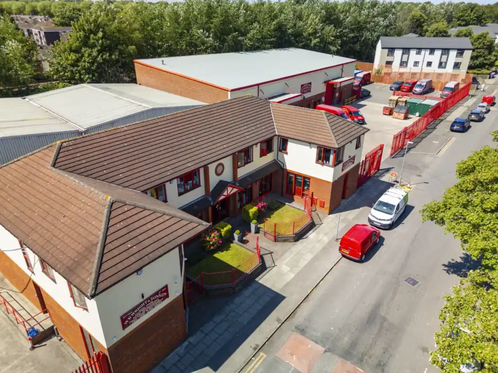 Aerial view of the W.R. Wright & Sons premises, showing the offices and warehouse together