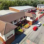 Aerial view of the W.R. Wright & Sons premises, showing the offices and warehouse together