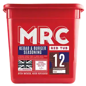 Flava Kofta Kebab & Burger Seasoning, a garlic, onion and coriander blend, in a red 2.5kg MRC tub