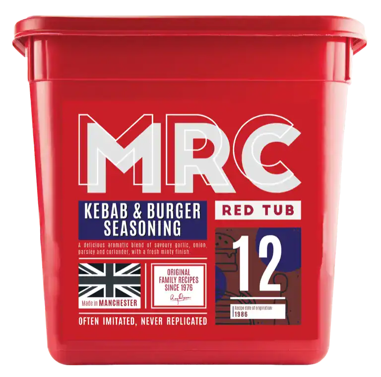 Flava Kofta Kebab & Burger Seasoning, a garlic, onion and coriander blend, in a red 2.5kg MRC tub