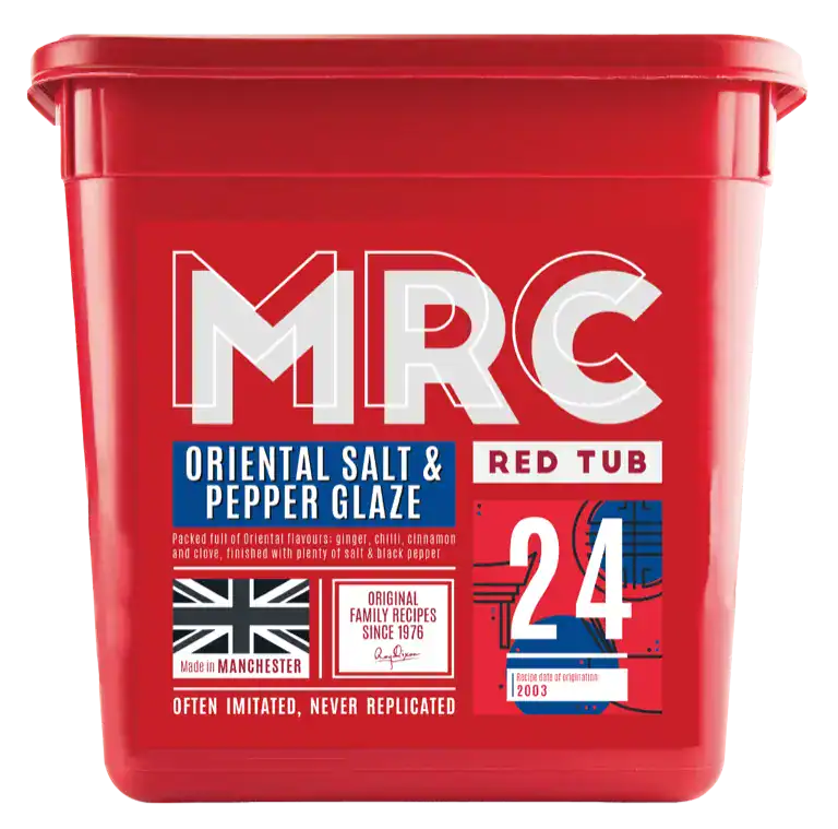 Flava Oriental Salt & Pepper Coater, a ginger, chilli and clove blend, in a red 2.5kg MRC tub