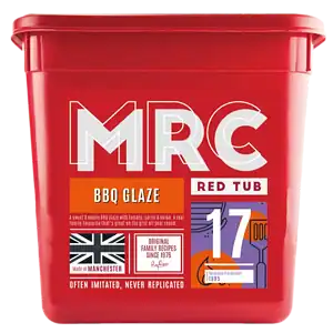 FlavaGlaze Barbecue, a sweet and smoky tomato, garlic and onion glaze, in a red 2.5kg MRC tub