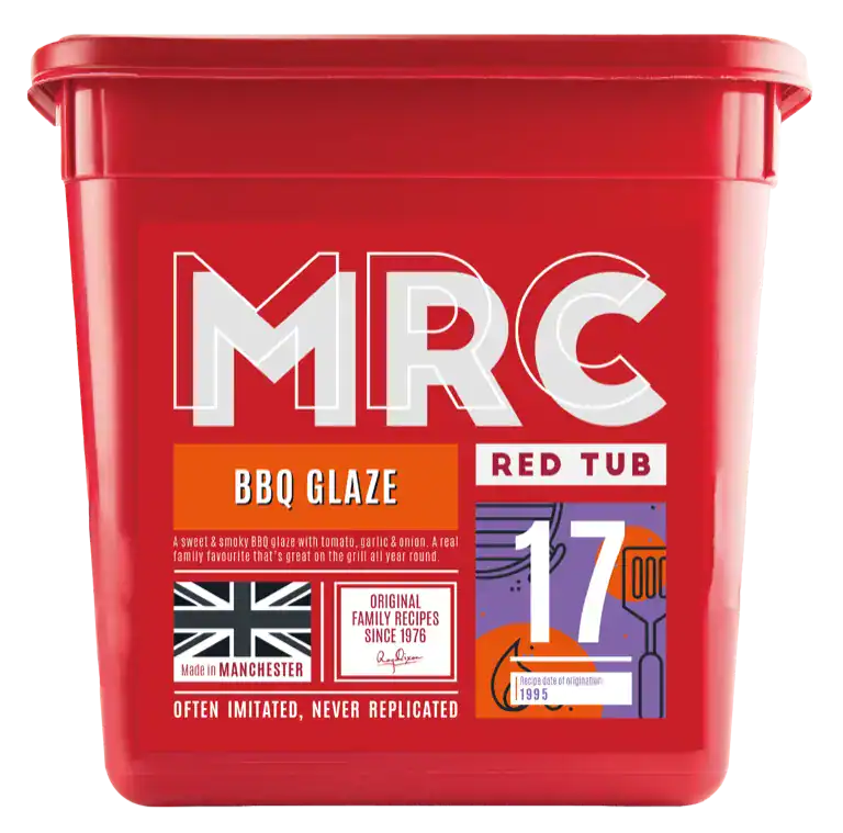 FlavaGlaze Barbecue, a sweet and smoky tomato, garlic and onion glaze, in a red 2.5kg MRC tub
