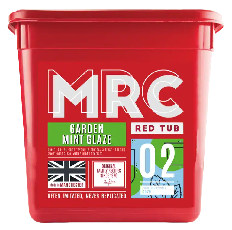 FlavaGlaze Garden Mint, a sweet mint glaze with a hint of tomato, in a red MRC tub
