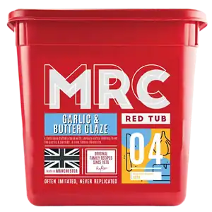 FlavaGlaze Garlic & Butter, a buttery glaze with garlic and parsley, in a red 2.5kg MRC tub