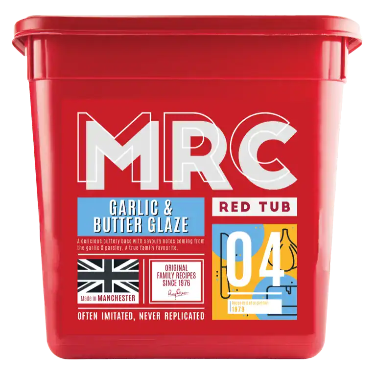 FlavaGlaze Garlic & Butter, a buttery glaze with garlic and parsley, in a red 2.5kg MRC tub