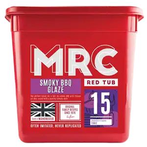 FlavaGlaze Smoky BBQ, a smoky grill glaze with a punchy tomato note, in a red 2.5kg MRC tub