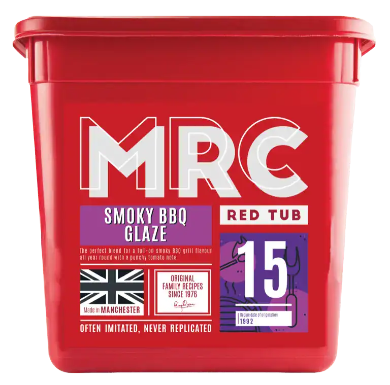FlavaGlaze Smoky BBQ, a smoky grill glaze with a punchy tomato note, in a red 2.5kg MRC tub