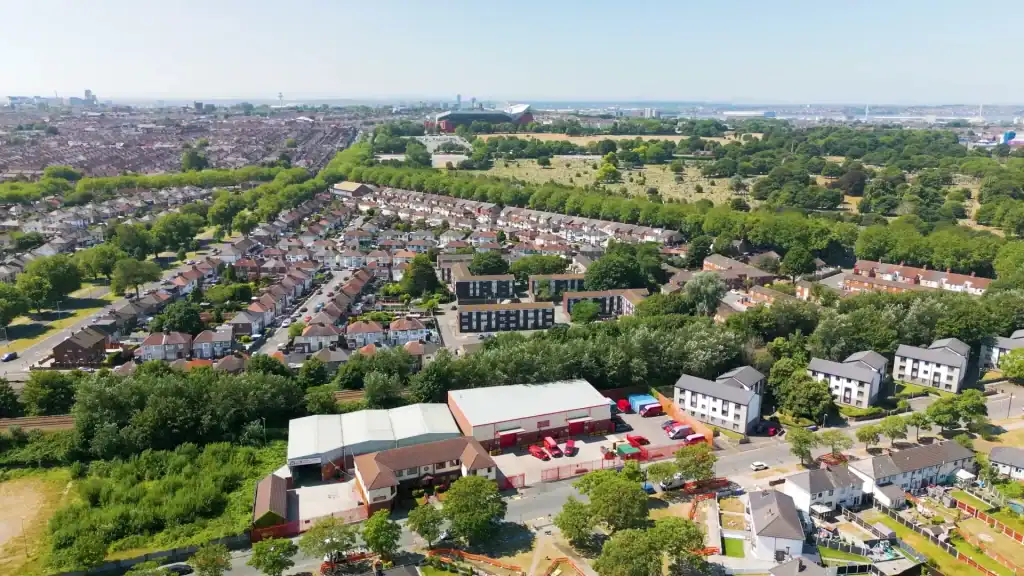 Aerial view of the W.R. Wright & Sons warehouse, offices and delivery yard in Liverpool