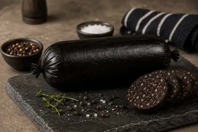 Black pudding in its casing on slate, sliced to show the oat and fat texture