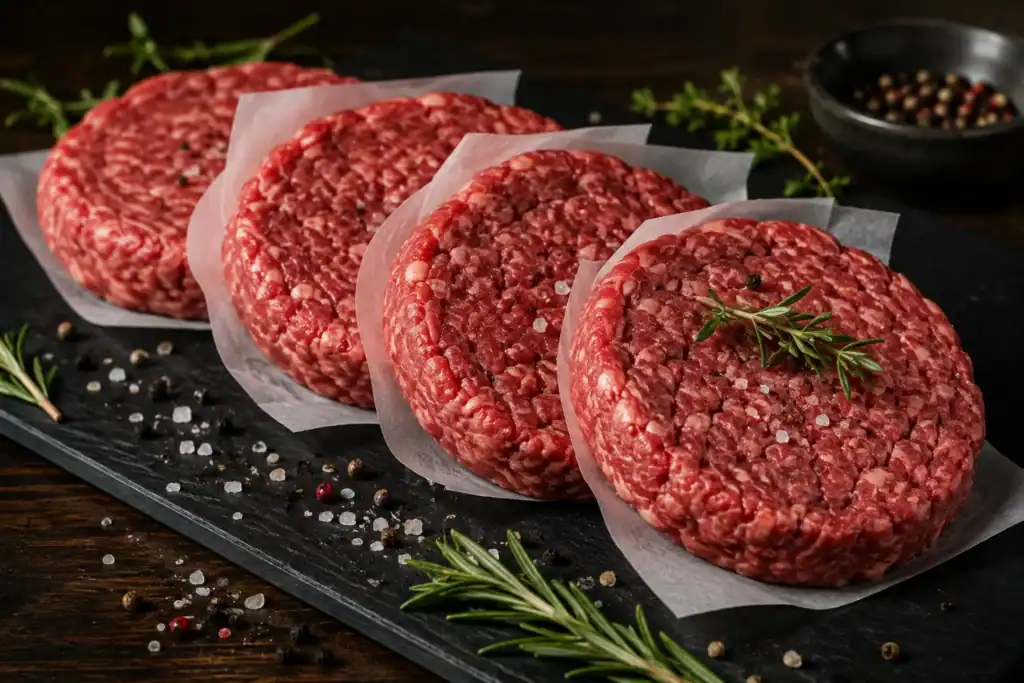 Four raw beef burgers interleaved with paper on a slate board, with peppercorns, salt and rosemary alongside