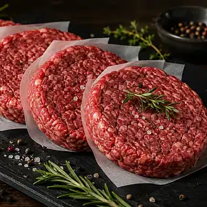 Four raw beef burgers interleaved with paper on a slate board, with peppercorns, salt and rosemary alongside