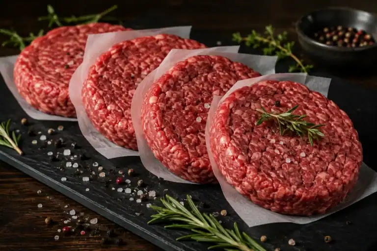 Four raw beef burgers interleaved with paper on a slate board, with peppercorns, salt and rosemary alongside