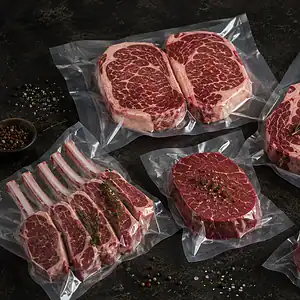 Steaks, a tomahawk chop and a rack of lamb sealed in clear vacuum pouches on a dark surface