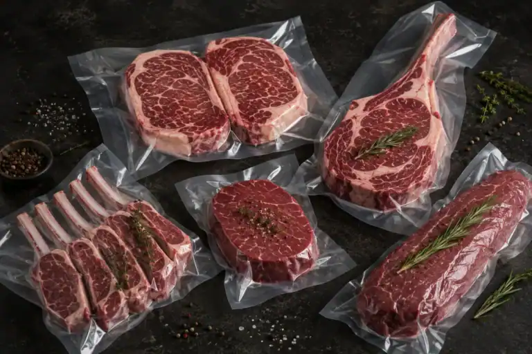Steaks, a tomahawk chop and a rack of lamb sealed in clear vacuum pouches on a dark surface