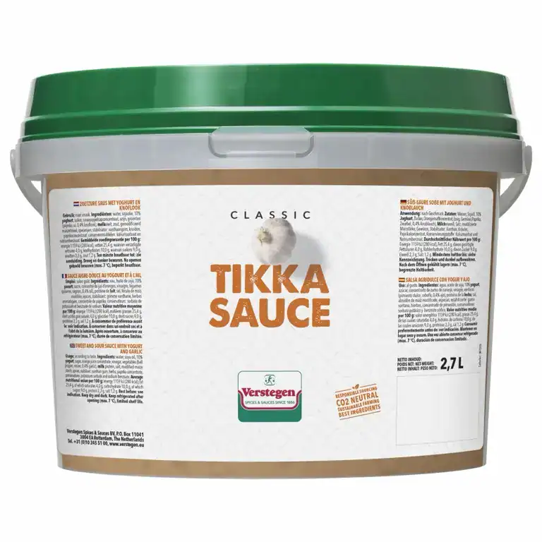 2.7 litre tub of Verstegen Classic Tikka Sauce, a sweet and sour yogurt and garlic sauce