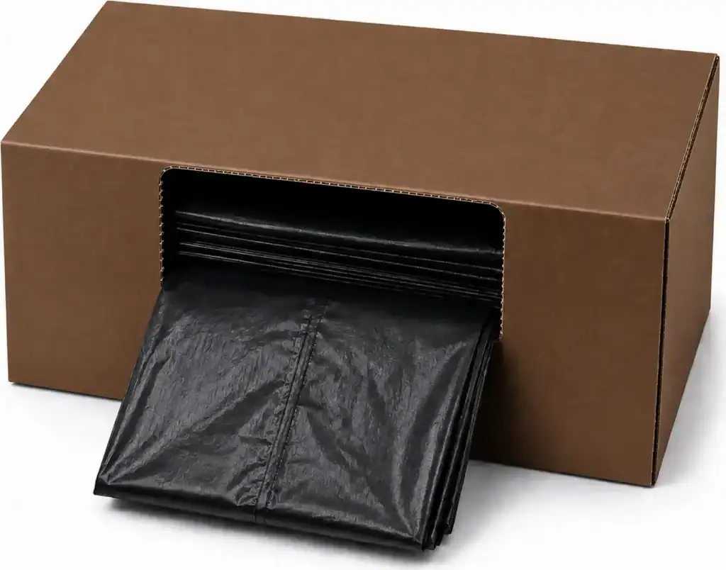 Folded black refuse sacks dispensing from a plain brown cardboard box