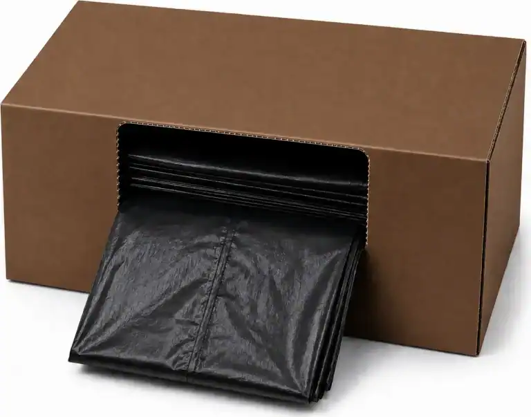 Folded black refuse sacks dispensing from a plain brown cardboard box
