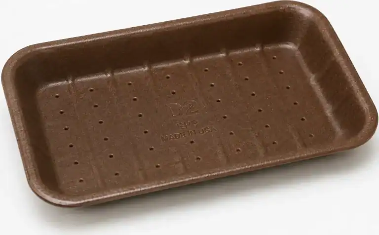 Brown recyclable EPP meat tray embossed D2, with a perforated base