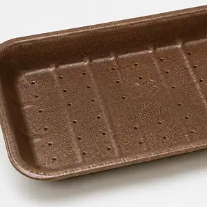 Brown recyclable EPP meat tray embossed D3, with a perforated base