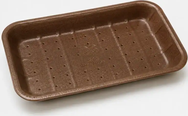 Brown recyclable EPP meat tray embossed D3, with a perforated base