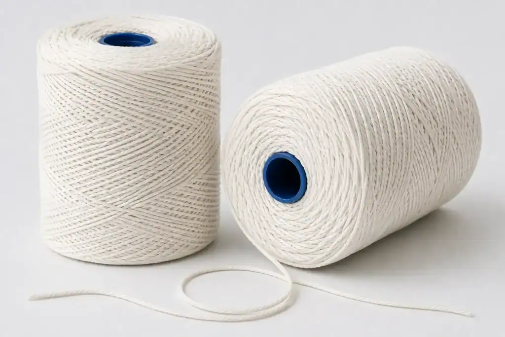 Two balls of white No 5 butchers string on blue plastic cores, one unwound