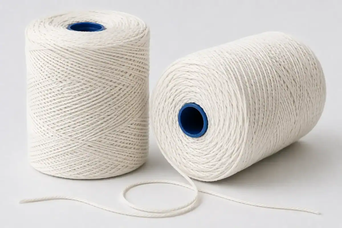 Two balls of white No 5 butchers string on blue plastic cores, one unwound