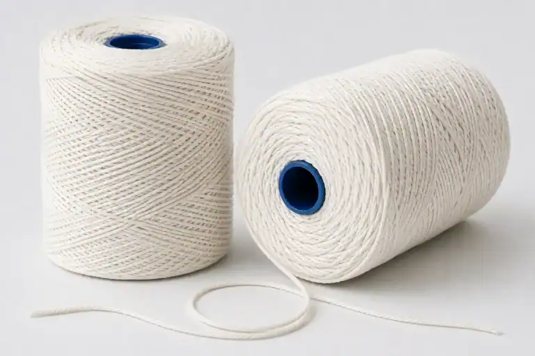 Two balls of white No 5 butchers string on blue plastic cores, one unwound