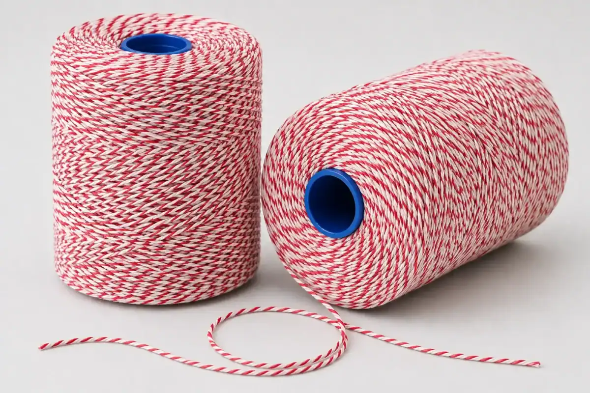 Two balls of red and white butchers string on blue plastic cores, one unwound