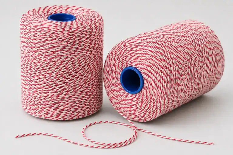 Two balls of red and white butchers string on blue plastic cores, one unwound