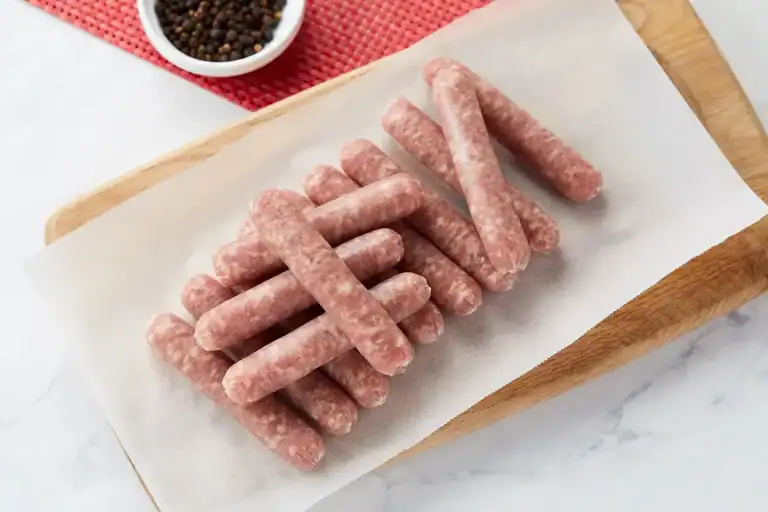 Thin sausages filled in 28mm collagen casing, stacked on parchment