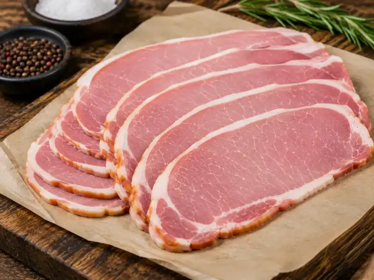 Slices of cured back bacon fanned out on parchment, with bowls of salt and peppercorns alongside