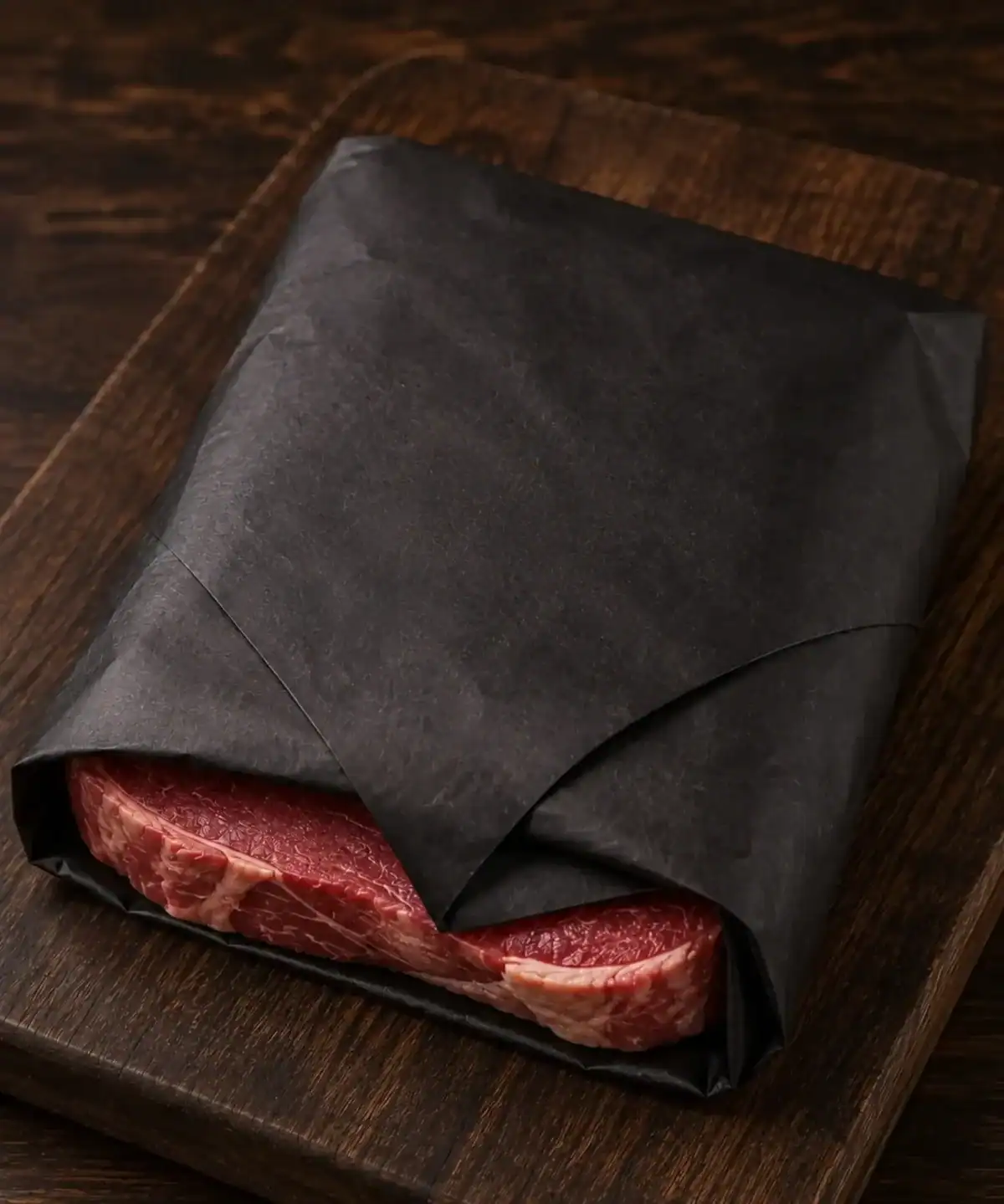 Steak wrapped in heavy black meat saver paper on a wooden board