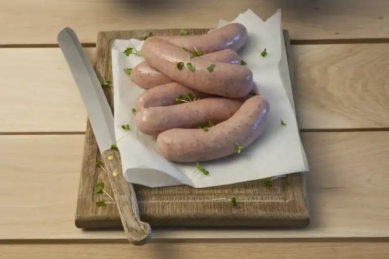 Sausages filled in hog casing, resting on parchment on a wooden board beside a knife
