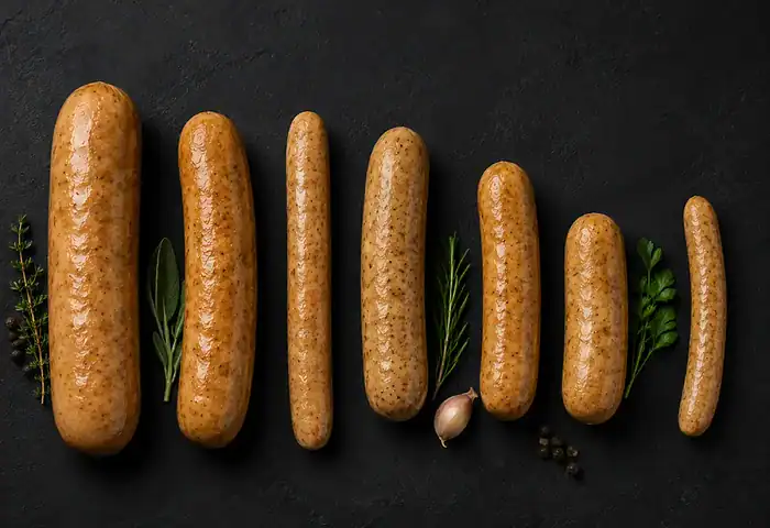 Sausage casings — coiled natural casings, collagen sticks, pre-tied lengths, flat sheets and a hank of strands