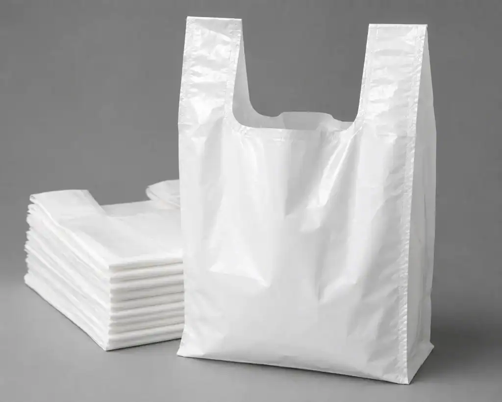 Plain white vest carrier bag standing open beside a folded stack of the same bags