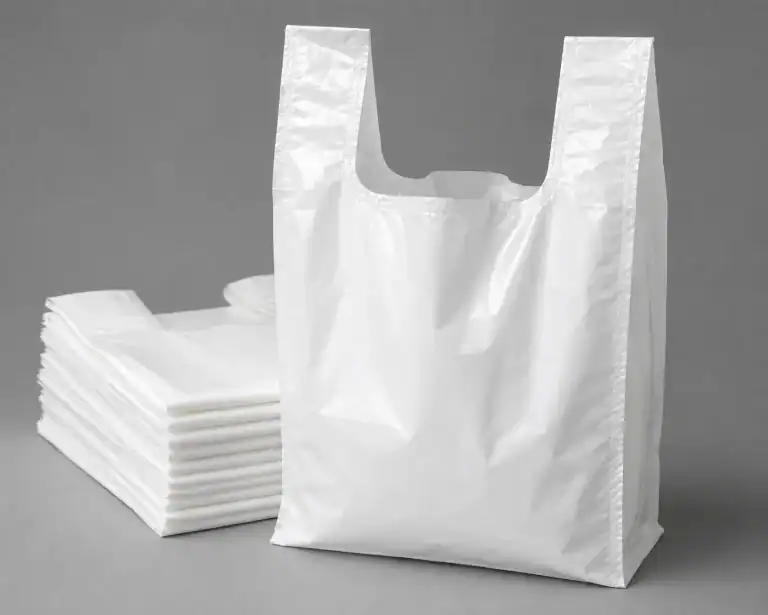 Plain white vest carrier bag standing open beside a folded stack of the same bags