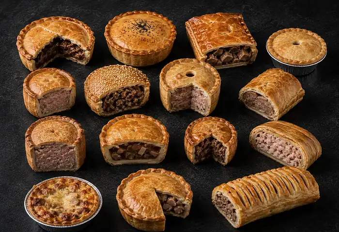 Savoury bakery range — pork pies, steak pies, quiche, sausage rolls and pasties, several cut open to show the filling