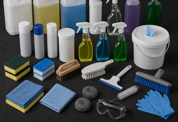 Kitchen cleaning supplies — five-litre chemicals, trigger sprays, a wipes tub, scourers, cloths, brushes, a squeegee and gloves
