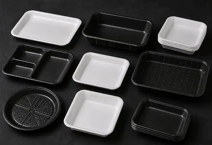 Foam and plastic food trays in black and white — plain, compartment, perforated and stacked