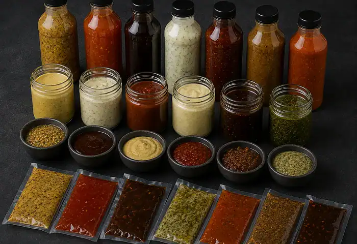 Sauces and marinades in bottles, jars, tasting bowls and vacuum-packed pouches
