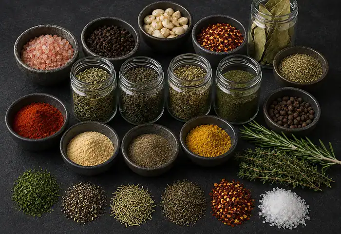 Herbs and spices in bowls and jars — rock salt, peppercorns, paprika, chilli flakes, bay leaves, rosemary, thyme and oregano