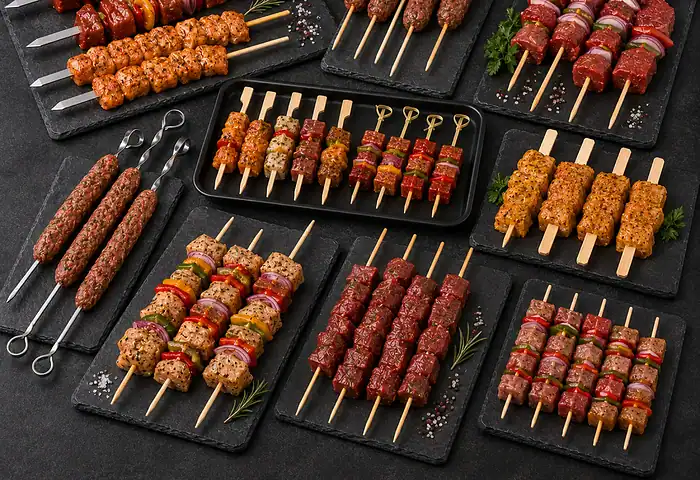 Prepared kebabs and koftas on wooden and steel skewers, set out on slate boards and a black tray