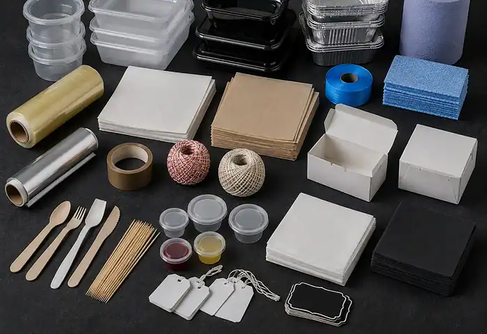 Catering sundries — takeaway containers, foil trays, cling film and foil, napkins, wooden cutlery, sauce pots, twine, tape and price tags