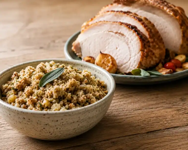 Bowl of prepared sage and onion stuffing garnished with a sage leaf, beside a sliced roast pork joint