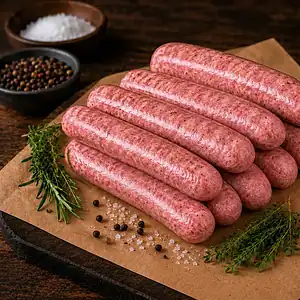 Sausages filled in sheep casing, stacked on kraft paper with rosemary, thyme and garlic