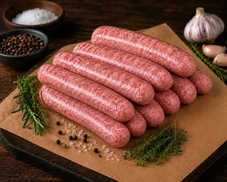 Sausages filled in sheep casing, stacked on kraft paper with rosemary, thyme and garlic