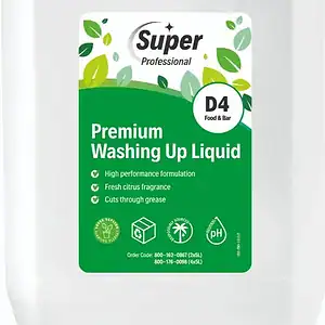 Super Professional D4 Premium Washing Up Liquid in a white 5 litre jerrycan with a green leaf label
