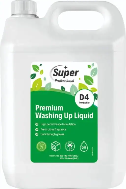 Super Professional D4 Premium Washing Up Liquid in a white 5 litre jerrycan with a green leaf label