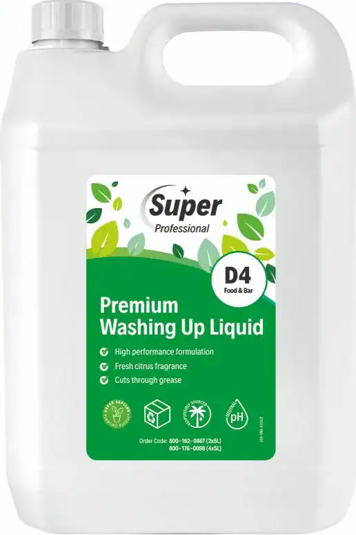 Super Professional D4 Premium Washing Up Liquid in a white 5 litre jerrycan with a green leaf label